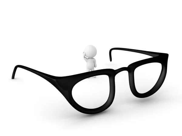 3D Character standing next to giant pair of glasses — Stock Photo, Image