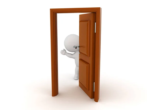 Personagem 3D acenando por trás de uma porta meia aberta — Fotografia de Stock