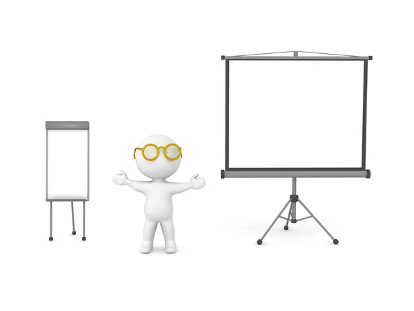 3D Character showing white board and projector screen — Stock Photo, Image