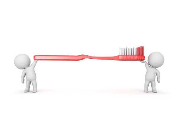 3D illustratie van twee personages bedrijf in een rode tandenborstel — Stockfoto
