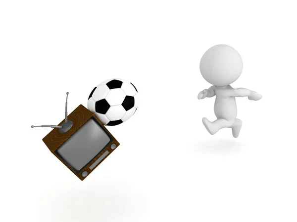 サッカー サッカー ボールでテレビを打つ 3 d キャラクター — ストック写真