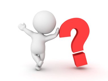 soru işareti sembolü yaslanmış ve sallayarak 3d karakter