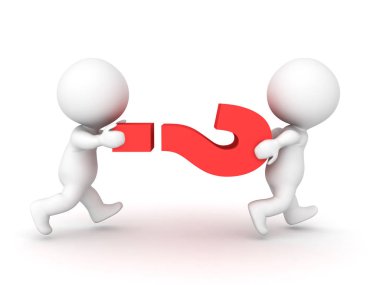 Çalışan ve bir soru işareti simgesi taşıyan iki 3d karakterler