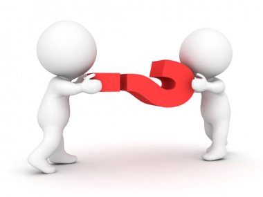 Kırmızı soru işareti simgesi tutan iki 3d karakterler