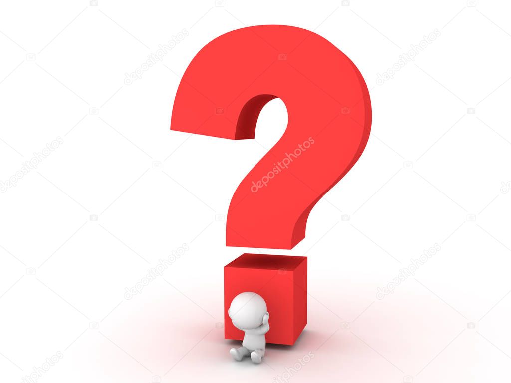 3D Character stressed out sitting next to big question mark
