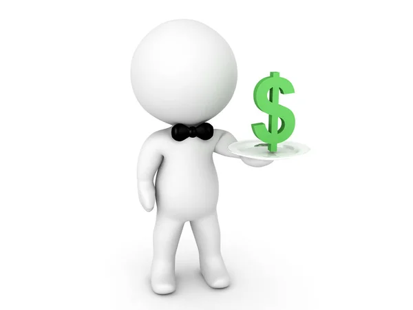 3D Character dressed as waiter holding a dollar on plate — Stock Photo, Image