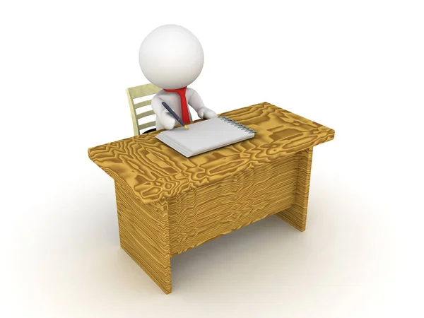 Personaggio 3D seduto alla scrivania di un ufficio e scrivere su carta — Foto Stock