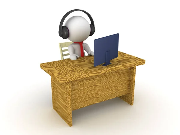 3d karakter seyir kulaklıklar giyen bir ofis masa başında oturan — Stok fotoğraf