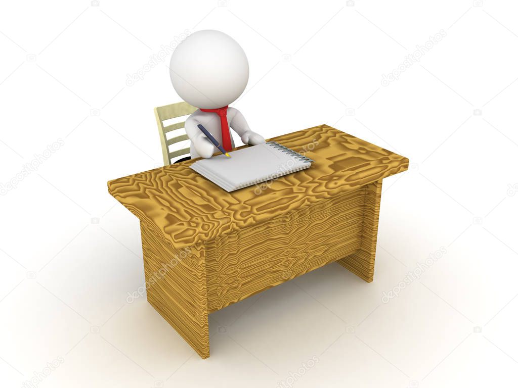 3D Character sitting at an office desk  and writing on a paper