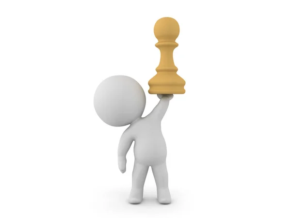 3D персонаж, держащий в руках шахматную пешку — стоковое фото