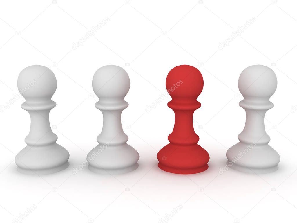 3D illustration of chess pawn pieces with one highlighted in red
