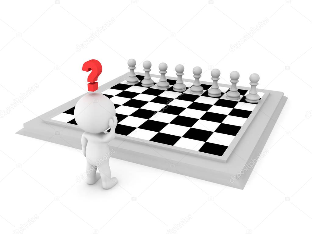 3D Character looking at chess board, trying to figure out a move