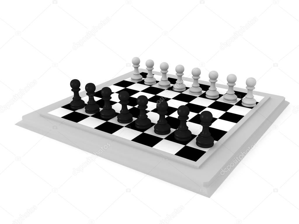 3D illustration of a chess board with pawn pieces