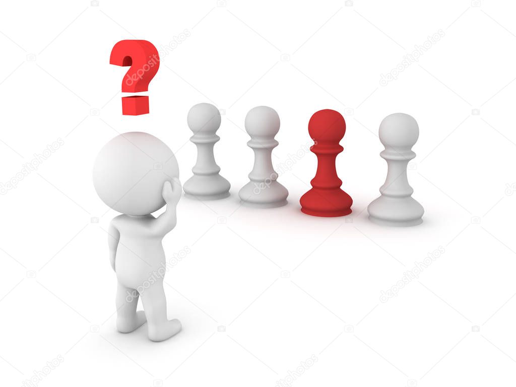 3D Character looking at row of chess pawn, trying to choose one