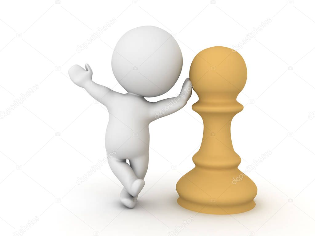 Character leaning on chess pawn piece