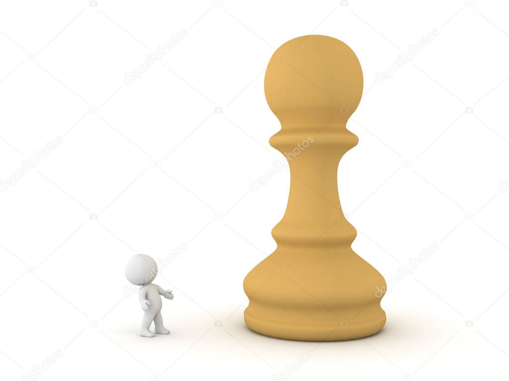 3D Character looking up at giant chess pawn piece