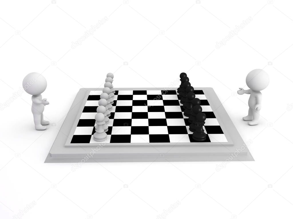 3D Illustration of a chess game seen from the side