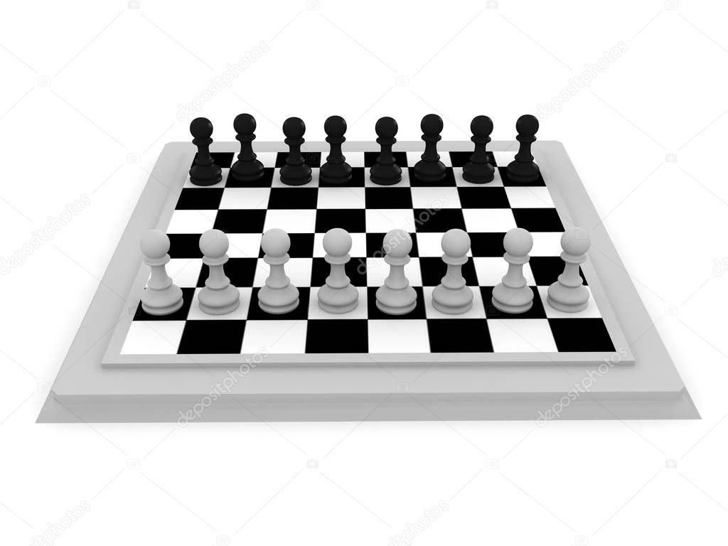 3D illustration of a chess board seen from a different angle