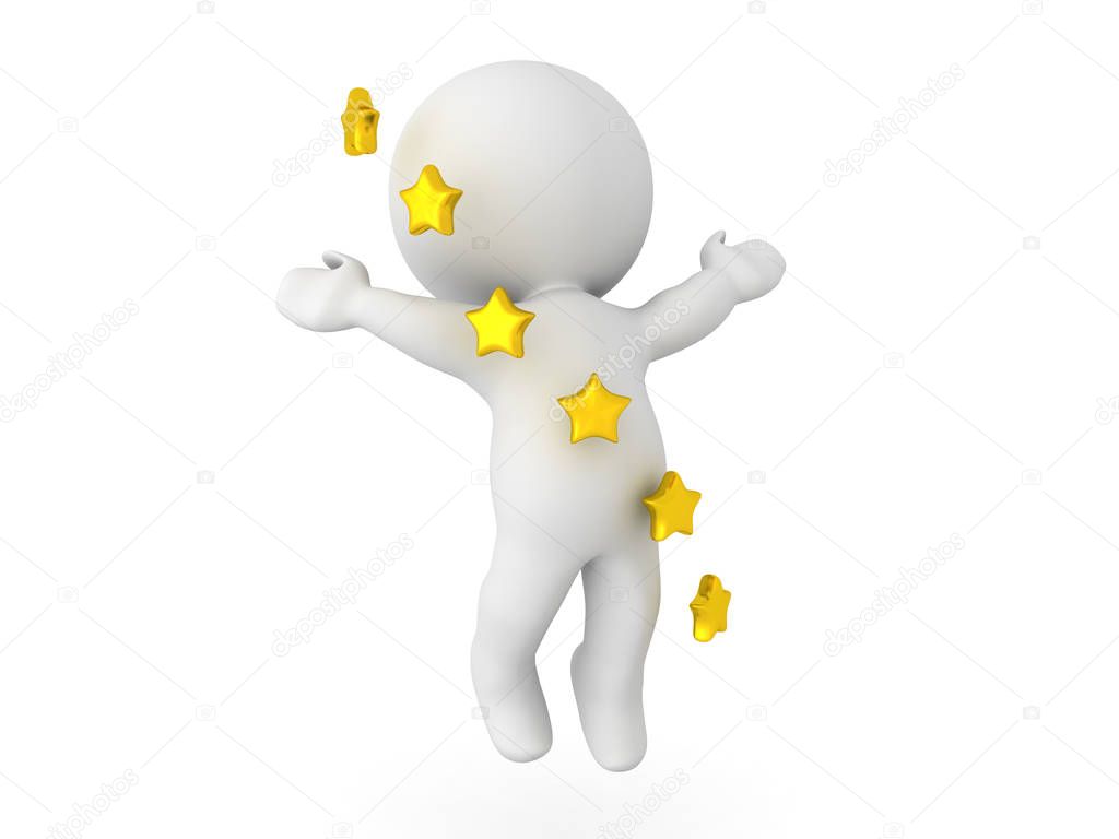 3D Character ascending to the sky with stars swirling around him