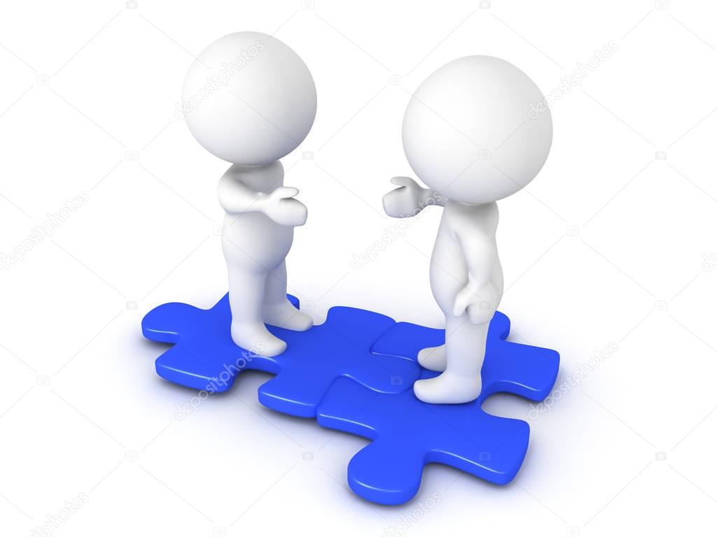 Two 3D Characters extending hands and sitting on interlocking bl