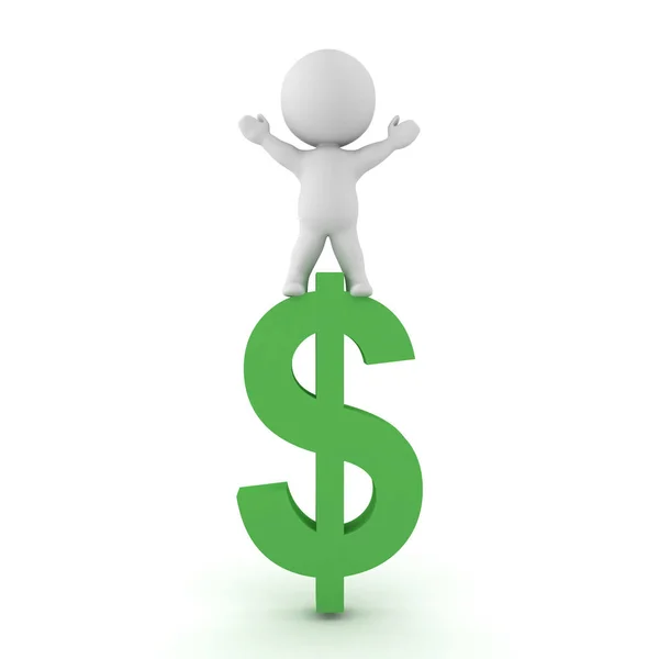 Personagem 3D em pé no topo do símbolo do dólar verde — Fotografia de Stock