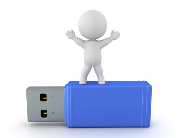 3D teken staande op USB-stick met zijn armen verhoogd — Stockfoto