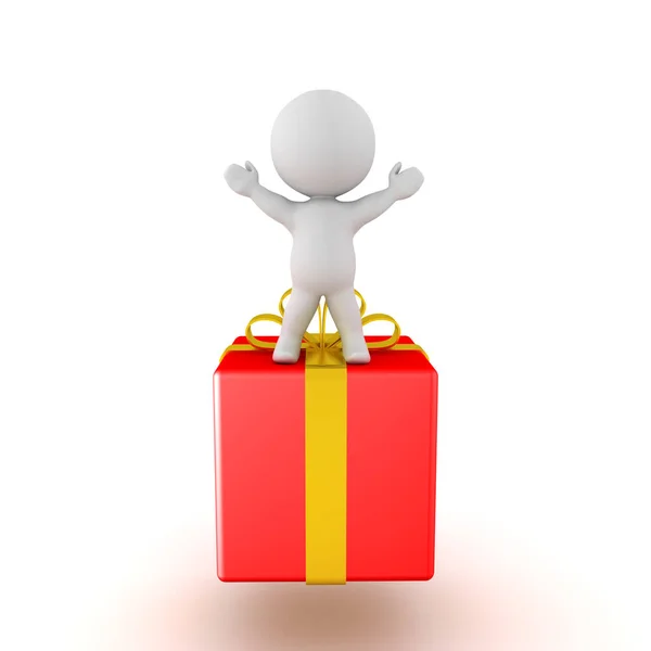 3D Character standing on top of a gift box with his arms raised — Stock Photo, Image