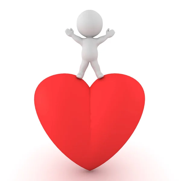 3D Character standing on top of giant red cartoon heart — Stock Photo, Image