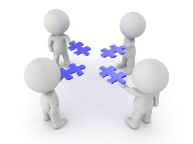 3d karakterler mavi puzzle parçaları onların elinde tutan