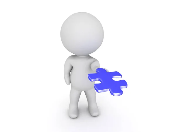 3D Character extending his hand out with blue puzzle piece in hi — Stock Photo, Image