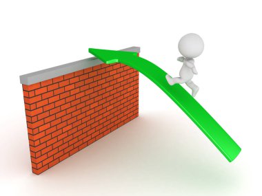 3d karakter Yeşil ok tuğla duvarın üzerinden çalışan