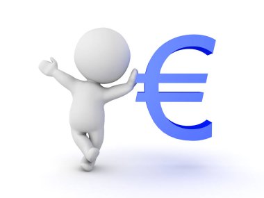 3d karakter mavi euro para birimi simgesi eğilerek