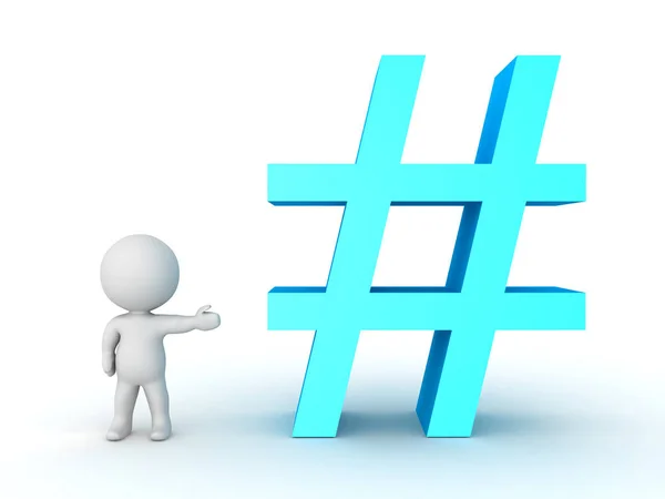 Kék hashtag vagy font jel mutatja 3D-s karakter — Stock Fotó