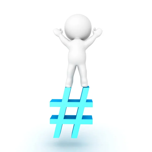 3D Character happy and cheerful on top of pound or hashtag sign — Stock Photo, Image