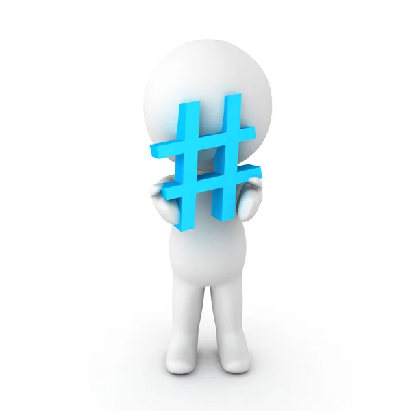 3D-karakter houden een blauw bord pond of hashtag — Stockfoto