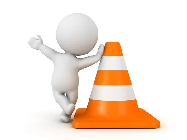 3D Character waving and leaning on orange traffic cone — Stock Photo, Image