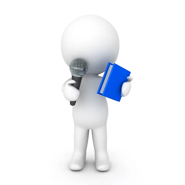 3D Character talking on the microphone and holding a book — Stock Photo, Image