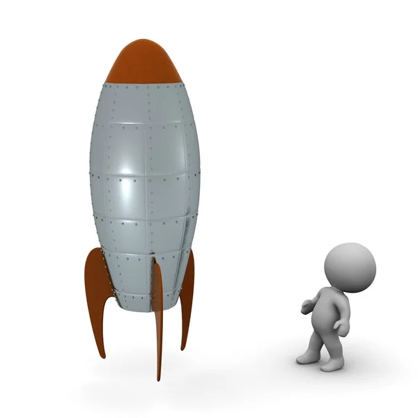 3D-Charakter, der zur Rakete aufschaut — Stockfoto