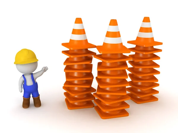 Caráter 3D mostrando pilhas de Orange Road Cones — Fotografia de Stock