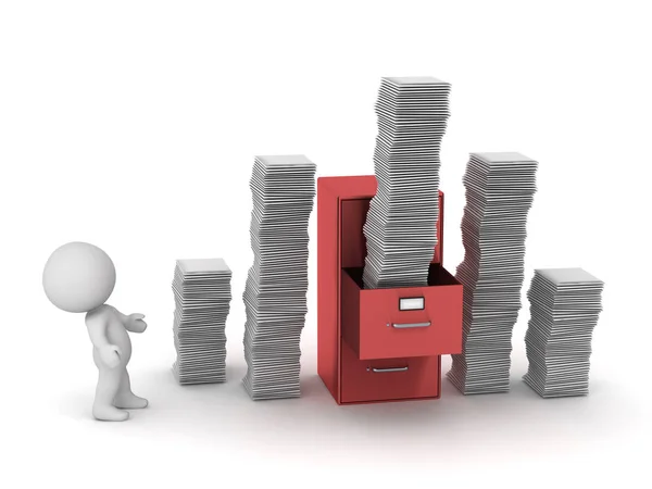 3D Character with File Cabinet and Stacks of Papers — Stock Photo, Image