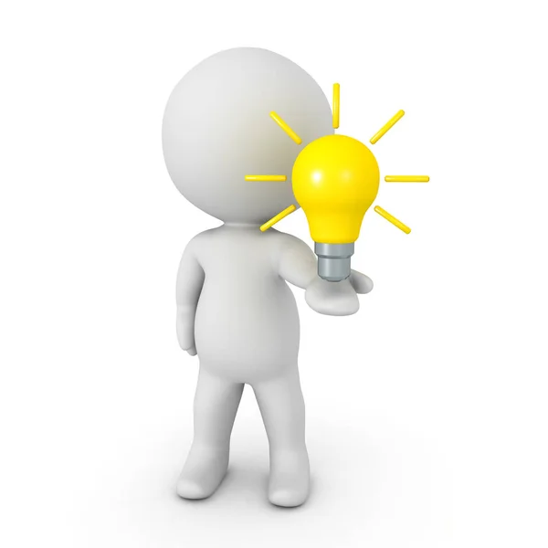 3D Character holding glowing bright yellow light bulb in his han — Stock Photo, Image