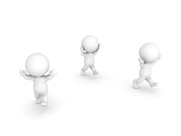 Três personagens 3D fugindo com os braços levantados e pani — Fotografia de Stock