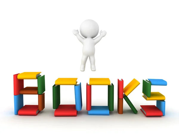 Carácter 3D saltando en la parte superior de "libros" signo hecho de libros — Foto de Stock