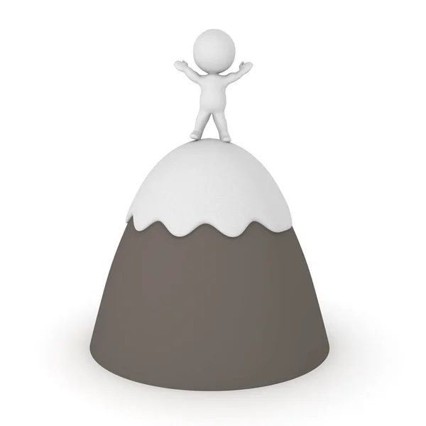3D характер на вершине горы с поднятыми руками — стоковое фото