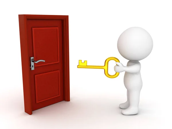 Caractère 3D tenant une clé dorée devant une porte fermée — Photo