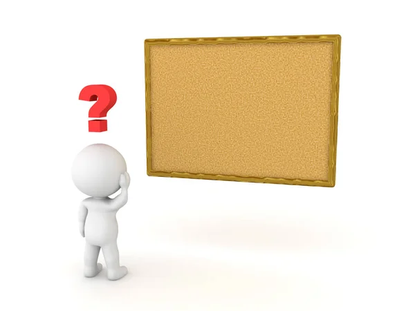 3D Character looking at empty vision cork board — Stock Photo, Image