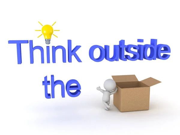 3D Character leaning box within a Think Outside The Box sign — Stock Photo, Image