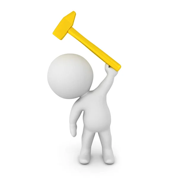 3D Character holding up a golden hammer — Stock Photo, Image