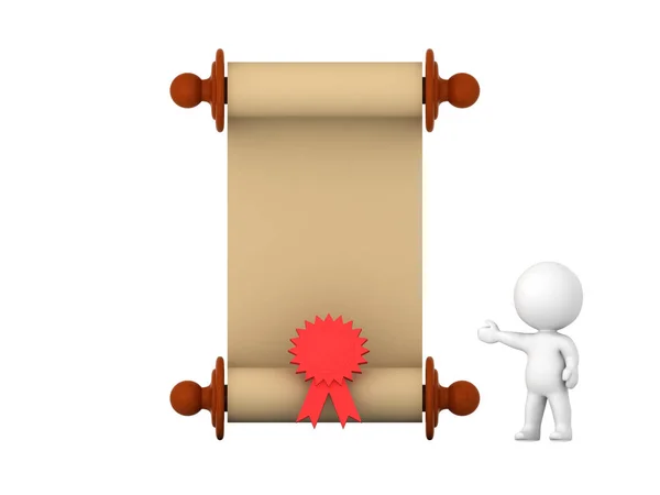 Personaje 3D mostrando pergamino con sello rojo — Foto de Stock