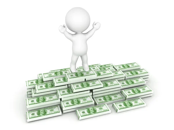 3D Character jumping on top of cash pile — Stock Photo, Image